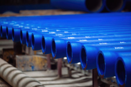New cast iron pipes for pipeline construction in warehouse.