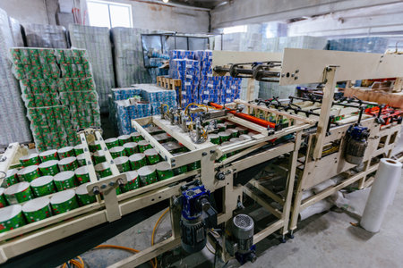 Toilet paper production line. Rolls of toilet paper on conveyor.