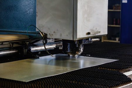 CNC punching and nibbling machine and perforated steel sheet, close up.