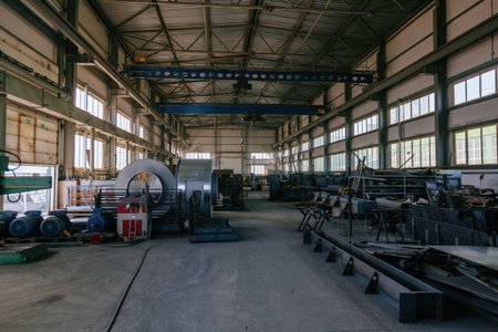 Metalworking factory production line. Manufactured metal parts.