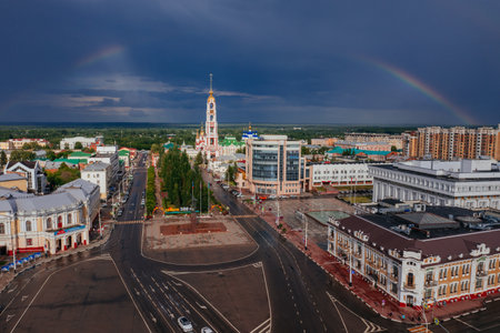 Rainbow over the city of Tambov, aerial viewの写真素材
