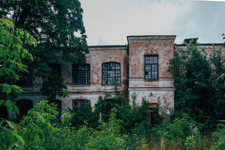 Old creepy abandoned haunted mental hospital overgrown by plants