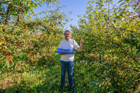 Satisfied farmer holding box of cherries. Thumb up. Gardening and harvesting concept