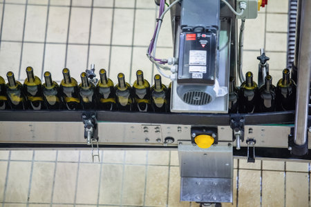 Bottling and sealing wine conveyor production line at modern wineryの写真素材