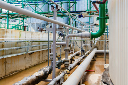 Steel pipes with valves in the factoryの写真素材