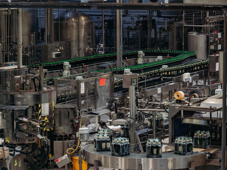 Modern automated beer bottling packing production lineの写真素材