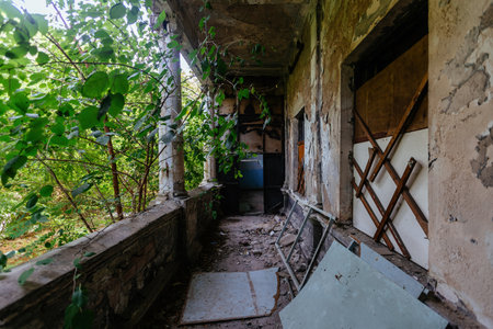 Old overgrown balcony of abandoned mansionの写真素材