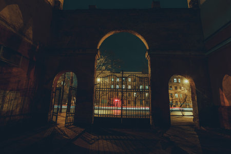 Old gate with a lattice in the night cityの写真素材