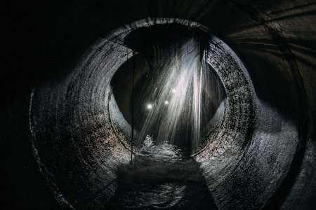 Leak of water into round sewer tunnelの写真素材
