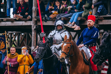 Knights on horses in a jousting tournament in Lipetsk Region, Russia, May 21, 2022のeditorial素材