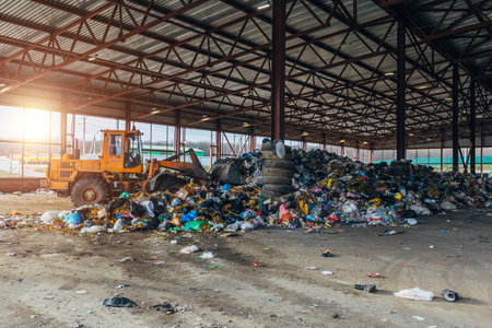 Bulldozer working at waste processing plant. Process sorting of garbageの写真素材