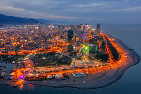 Drone aerial view of night Batumi City, Georgiaの写真素材