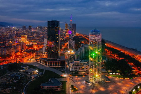Drone aerial view of night Batumi City, Georgiaの写真素材