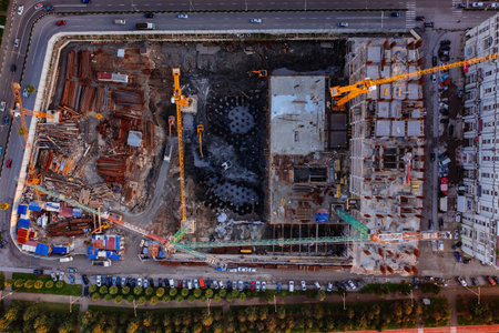 Drone aerial photo of modern building construction site.