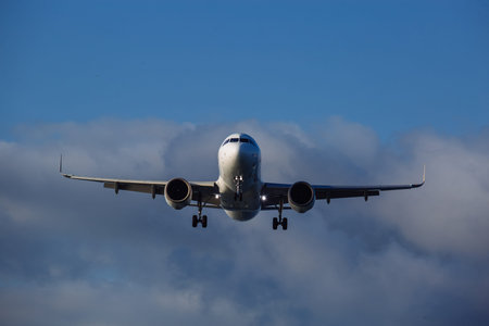 Landing plane on cloudy sky background, front view.