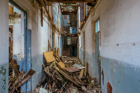 Ruined house interior destroyed by earthquake, bombing, war, explosion, etc. Consequences of...