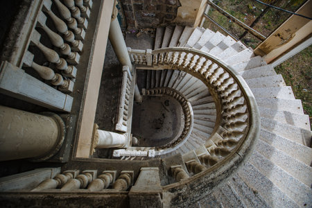 Top view of old vintage decorated staircase in abandoned mansionの写真素材
