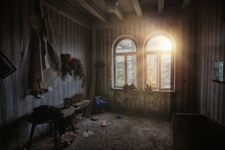 Dark creepy messy room in abandoned house.の写真素材