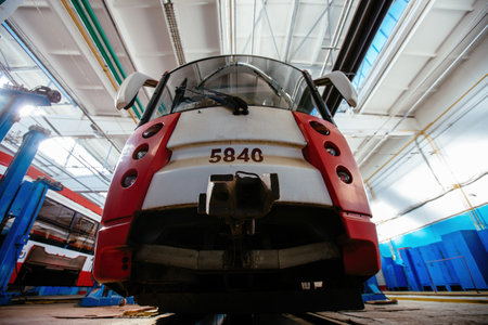 Tram in service depot. Maintenance and repair of trams.の写真素材