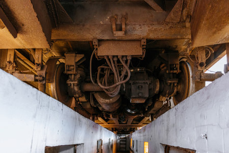 Tram in service depot. Maintenance and repair of trams.の写真素材