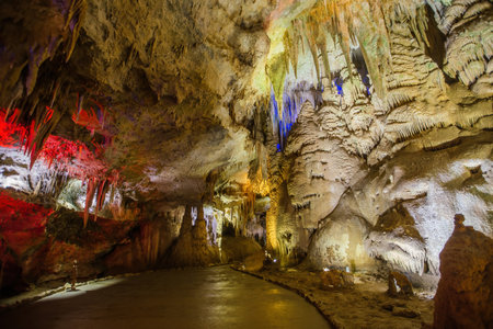 Inside touristic Prometheus Cave at Tskaltubo, Imereti region, Georgia.の写真素材