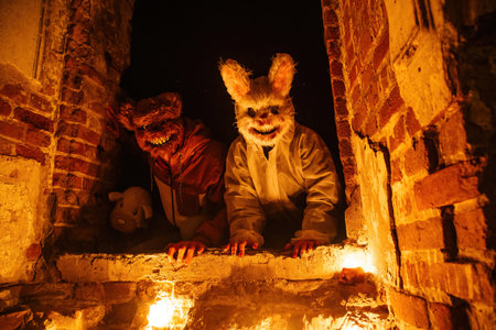 Man in mask of scary rabbit and bear.の写真素材