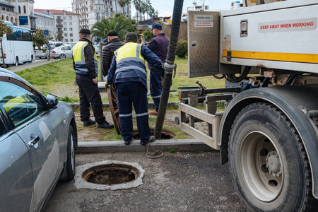 Sewer workers cleaning manhole and unblocking sewers the street sidewalk.