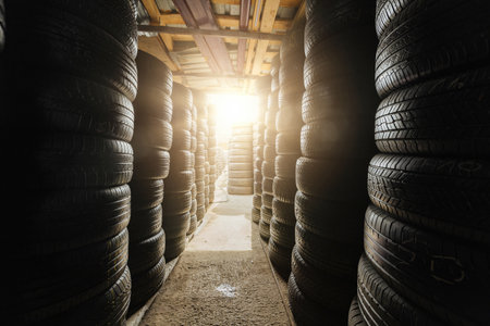 Stack of tires for sale in warehouse.の写真素材