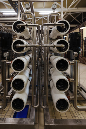 Modern multistage water filtration machine in brewery production.の写真素材
