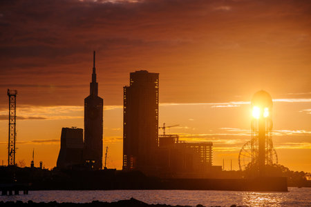 Batumi urban skyline at sunset. Shilouette of modern buildings on sunset background.の写真素材