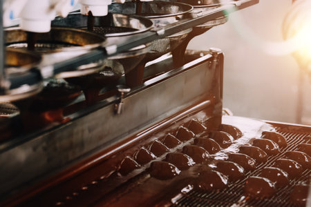 Process of chocolate glazing zephyrs in confectionery on conveyor machine. Marshmallow production line.の写真素材