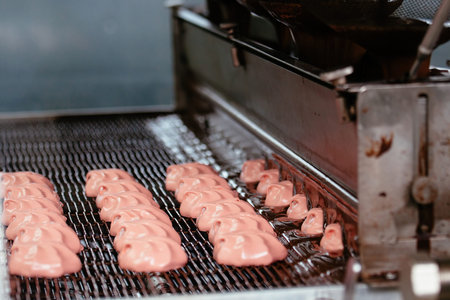 Process of chocolate glazing zephyrs in confectionery on conveyor machine. Marshmallow production...