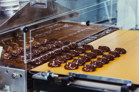 Process of chocolate glazing zephyrs in confectionery on conveyor machine. Marshmallow production line.の写真素材