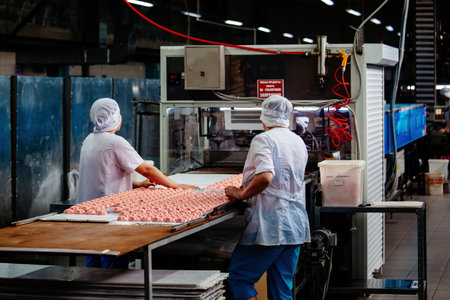Confectioners works on marshmallow production line.の写真素材