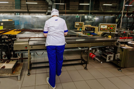 Confectionery worker sorting zephyrs on conveyor.