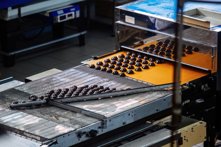 Process of chocolate glazing marshmallows in confectionery on conveyor machine, close up.の写真素材