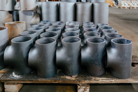 Batch of T shape pipe parts in warehouse.