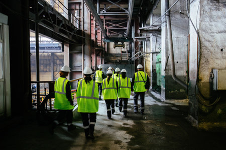 Group of workers in uniform walking along the corridor of the factory.の写真素材