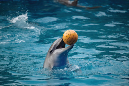 Dolphin playing with ball in blue water.の写真素材