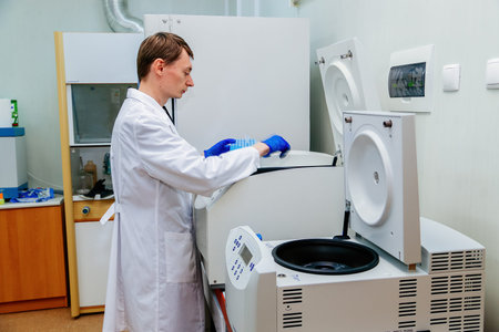 Scientist puts samples into centrifuge device.