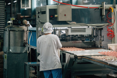 Confectioners works on marshmallow production line.の写真素材