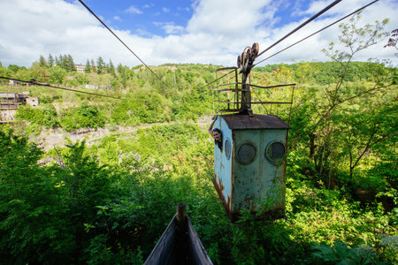 Girl in old cable car.の写真素材