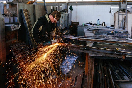 Worker grinding machine part in metalworking workshop.