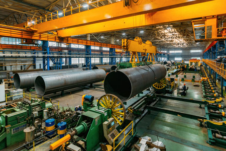 Finished pipe transportation by overhead crane in pipe factory.の写真素材