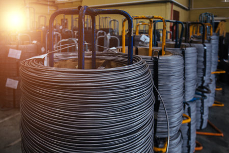 Steel wire coil in metalworking factory.
