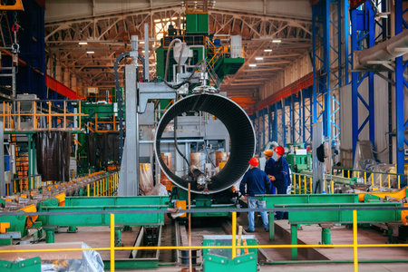 Longitudinal tack welding machine for welding of outer seam of steel pipe.
