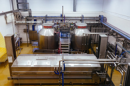 Modern cheese factory, stainless steel milk processing tanks.