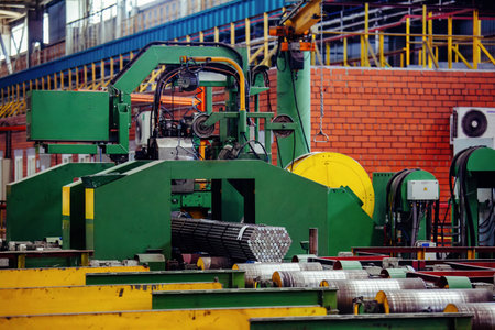 Packs of rolled metal bars on roller conveyor.の写真素材