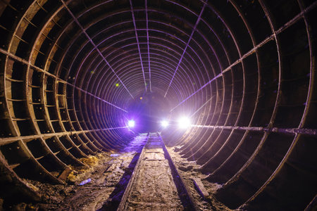 Dark dirty abandoned subway tunnel with rusty railway.の写真素材