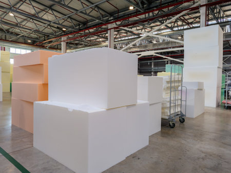 Blocks of foam rubber in warehouse.